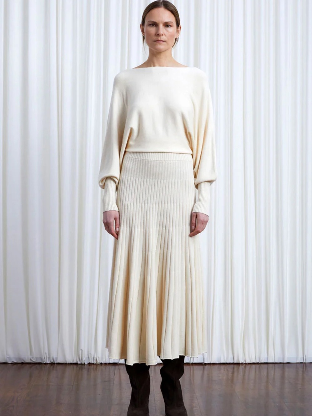 Cream colored “Hazy pleated knitted” maxi dress- size medium